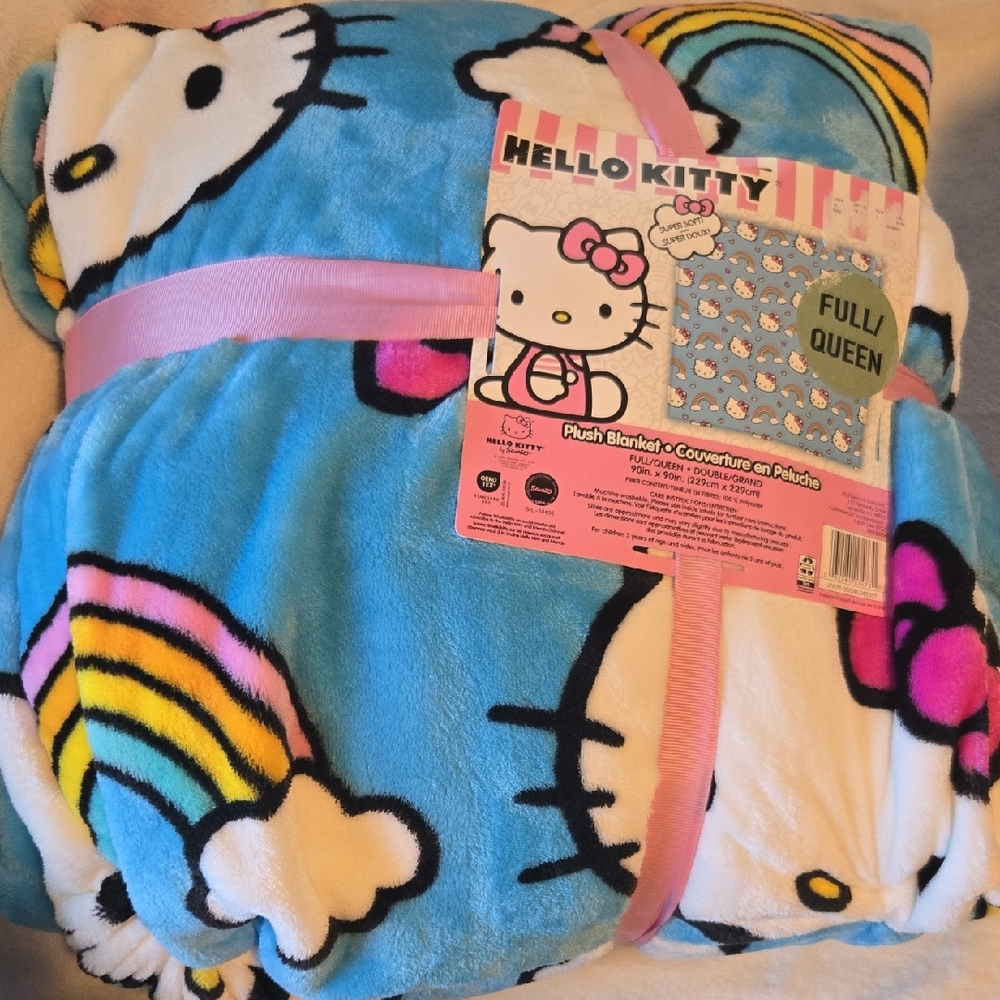 Hello Kitty Blue Plush Blanket with Rainbow Graphics
